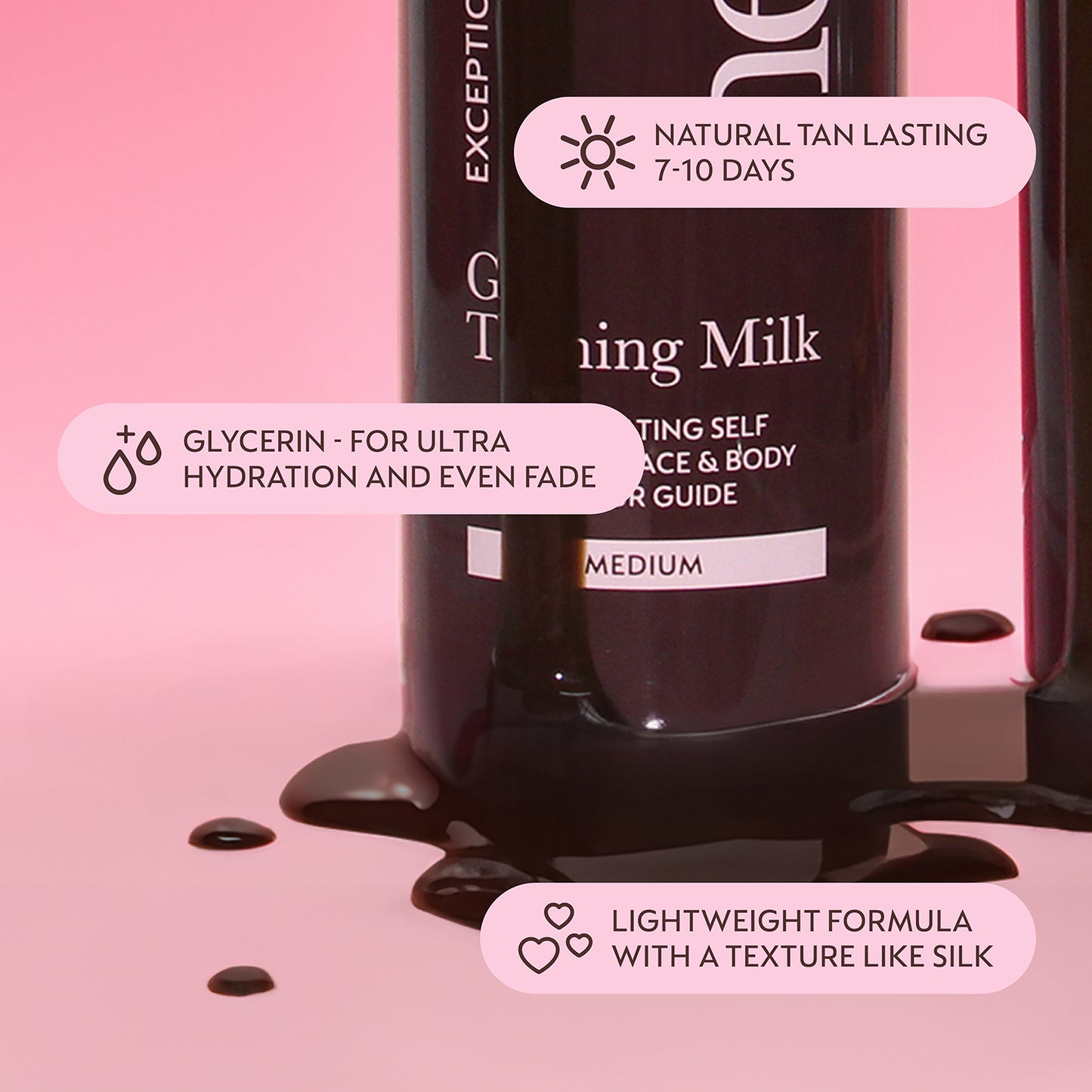 image of He-Shi Gold Tanning Milk poured out and text highlighting the key product features
