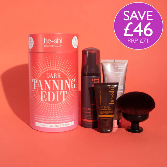 Image showing He-Shi Tanning Edit Gift Set on a pink background and the products contained beside it