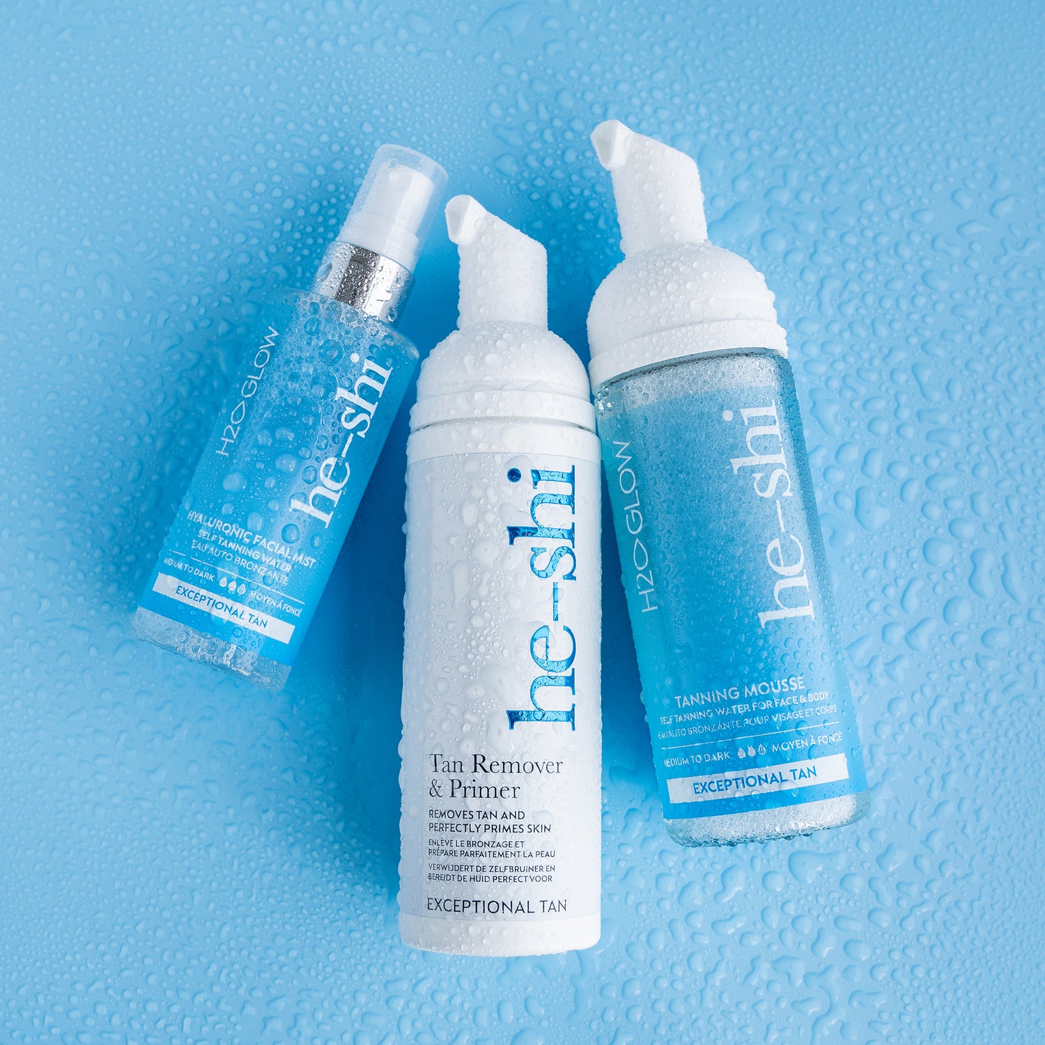 He-Shi H2O Glow Mousse, Mist and Tan Remover and Primer