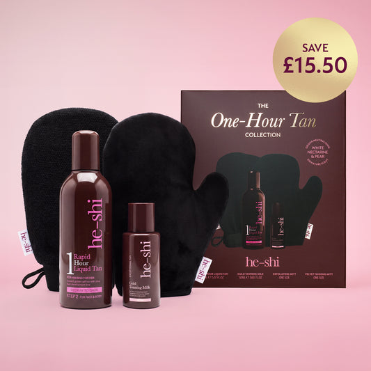He-shi One-Hour Tan Collection set on a pink background, Image features 'SAVE £15.50' badge.