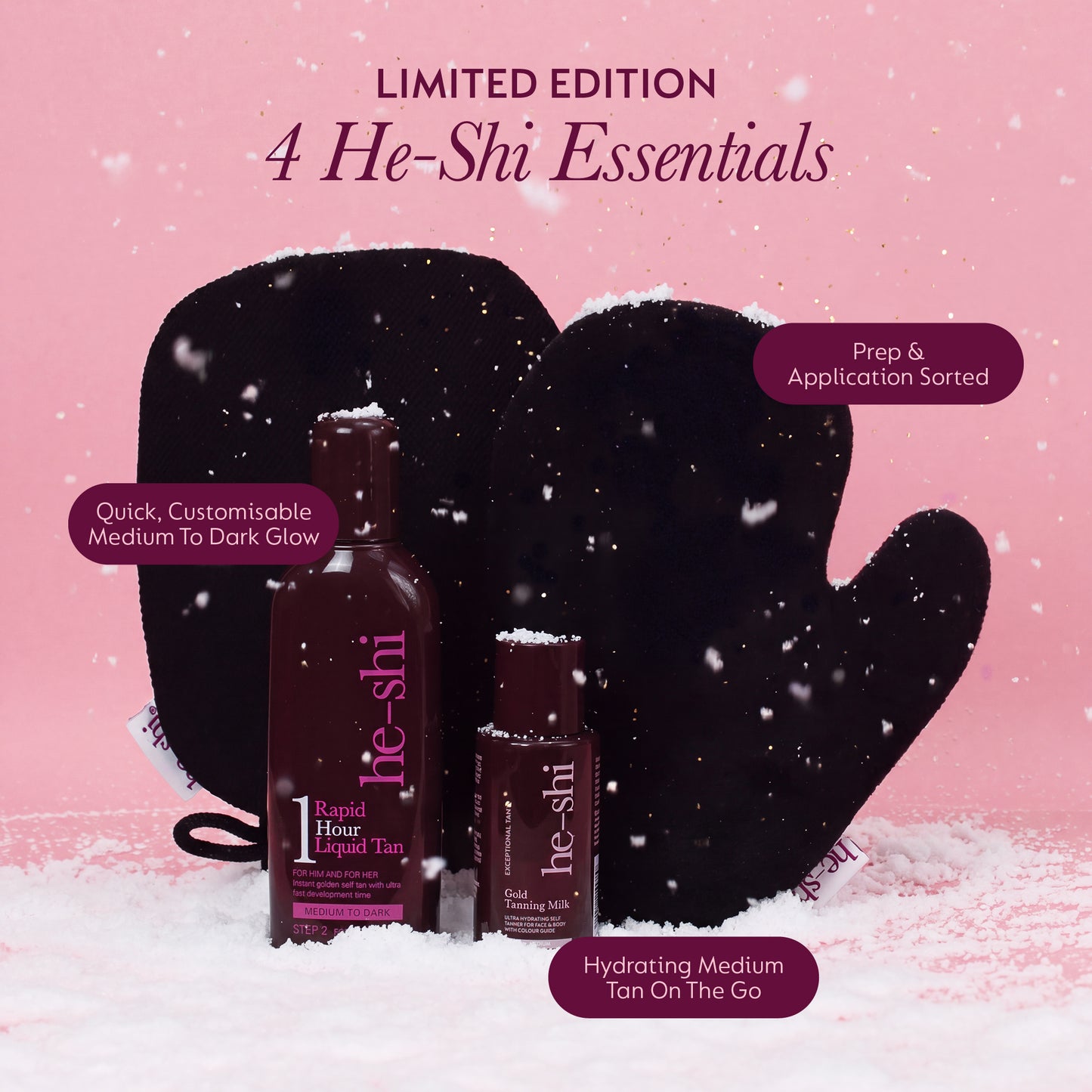 Image of products in He-Shi One Hour Collection set on pink background with snow covering the bottom. Image highlights the benefits of each product