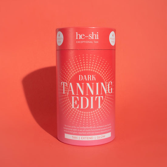 Video showing the He-Shi Tanning Edit Gift set, the products inside and key ingredients