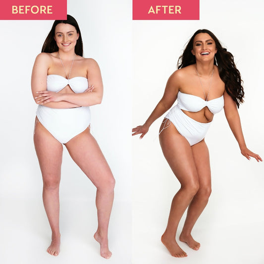 Before and after image a model in a white bikini. The before shows pale skin and the after shows a dark, natural-looking tan following a spray tan using He-Shi's dark spray tan liquid
