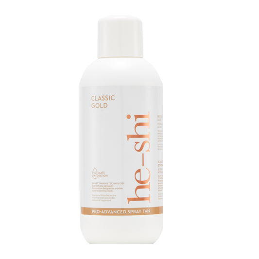 Image of a bottle (1 litre) of he-shi classic gold spray tan solution on a white background