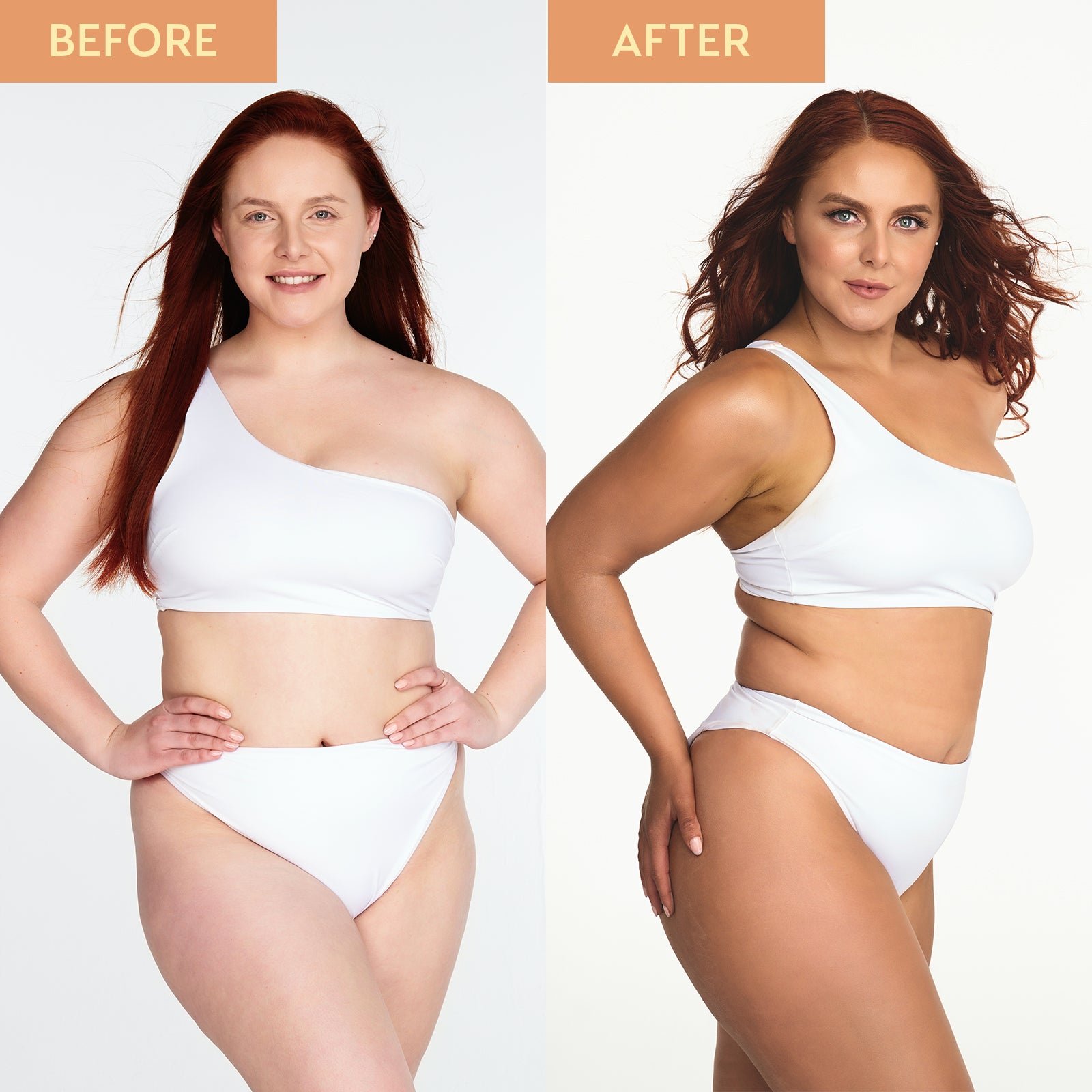 Before and after video showing a model in a bikini before and after using the he-shi day to day medium gradual tan
