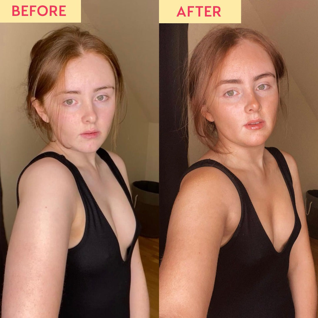 before an after image of a lady having used the medium liquid tan