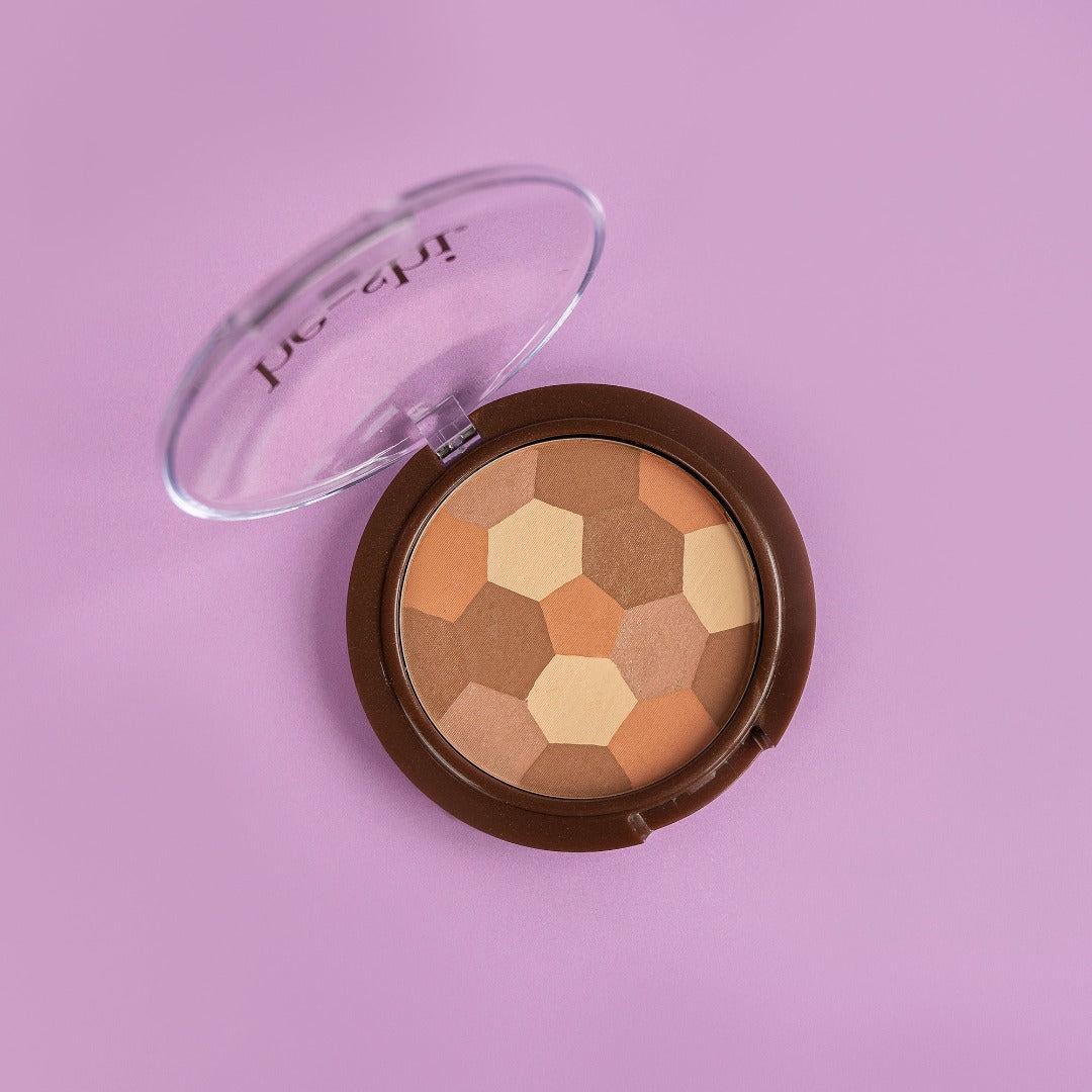 Image of he-shi bronzer with various colours shown in a compact container