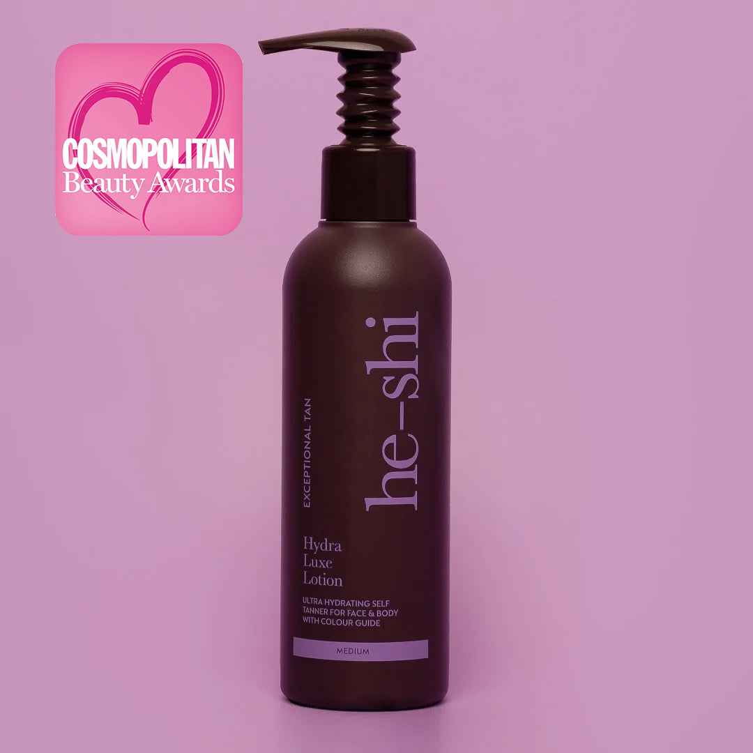 Image of he-shi's medium lotion bottle with a cosmopolitan beauty award logo displayed