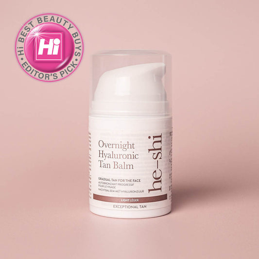 Image of heshi facial tanning balm beside am awards logo as editors pick in hi best beauty buys