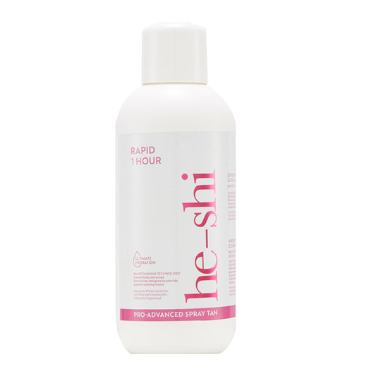 He-shi rapid 1 hour spraytanning solution bottle on a white background